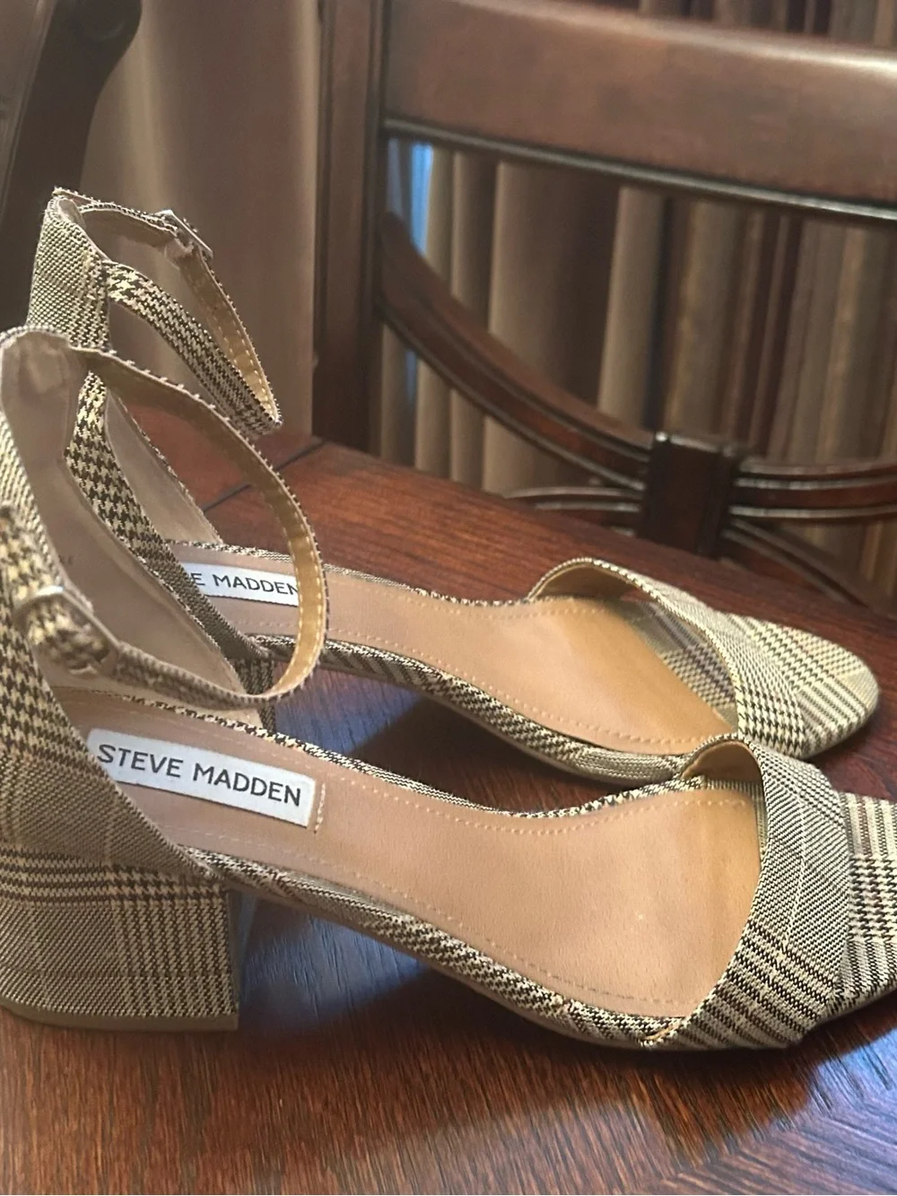 Steve Madden Irenee Plaid Ankle-Strap Heels in Beige and Black Size 8